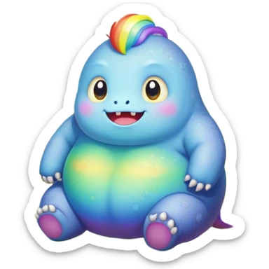 Kawaii derpy fat rainbow monster sitting in a magic field, rich textures, visually detailed, so lifelike that it feels like it could leap off the page at any moment sticker