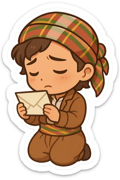 Kurdish sticker, cartoon style, Kurdish man or woman in jamadani, looking at a photo or holding a letter, thoughtful or nostalgic expression, no text sticker