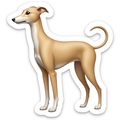 cinematic-[fawn greyhound]-realistic-full-body-standing-emoji,-tail-resting-loosely-beside-its-paws,-head-tilted-dramatically, -sleek-[light fawn]-fur,-simplified-yet-realistic-focused-features,-highly-detailed,-glowing-with-an-almost-sarcastic-glow sticker