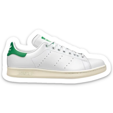 White and green Adidas Stan Smith sneakers with iconic green heel tab and perforated three stripes on the sides sticker