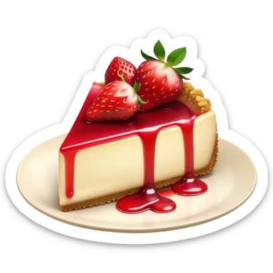 Cinematic creamy cheesecake, smooth and velvety, topped with fresh strawberries and a glossy fruit glaze, golden crumbly crust, beautifully plated, soft glowing background, indulgent and elegant. sticker