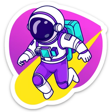 Stylized futuristic astronaut in mid-flight pose, sleek purple and neon teal suit, flat vector design, heroic silhouette, dynamic diagonal motion lines sticker