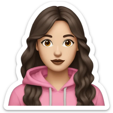 White women with long dark brown hair with curtain bangs and long eyelashes dark brown eyes and pink cheeks with pink lips and thick dark brown eyebrows wearing a black hoody sticker