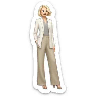 Full height Actively gesturing with hands pale skin woman with ash blonde Straightened bob Hair, White Spacious classical jacket, beige palazzo Arrow pants and gray blouse sticker