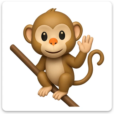 Make the monkey look more normal, with both legs on the angled stick and hands not touching the stick, in the style of emoji (apple style emojis). sticker