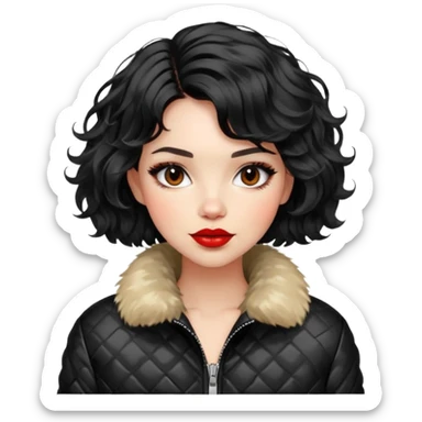 Alluring 1970's French girl french shiny black wavy textured bob haircut tousled hair red lips wearing furry jacket sticker
