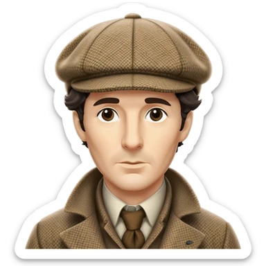 sherlock holmes, wearing a deerstalker hat with the fabric is often tweed, which features a subtle checkered or herringbone pattern with darker and lighter threads woven together, creating texture and depth.  sticker
