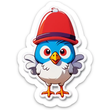A chicken with a hat sticker