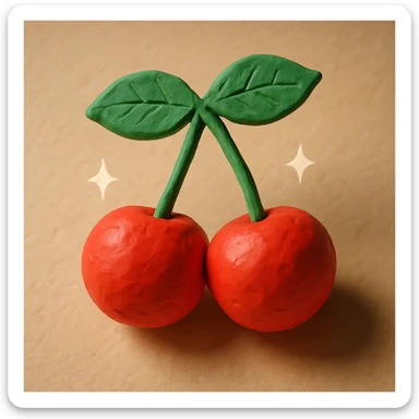 two cherries with green leaves, connected by stems, claymation style, visible texture, handcrafted look, sparkle effect around the cherries sticker