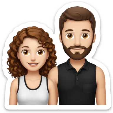 Criar Casal - Homem branco de cabelo liso e olhos marrom, com barba, usando camisa polo preta e mulher de pele branca cabelo cacheado marrom longo e olhos mel, usando uma regata branca, quero ela sorrindo sticker
