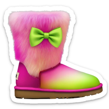 Realistic pair of hot pink to lime green ombre fur Ugg boots with silk ribbon bows. sticker