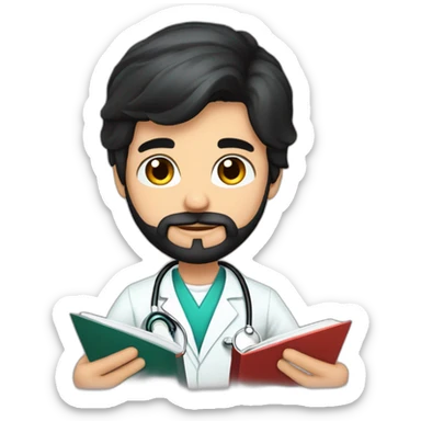 young spanish surgeon with black hair, black beard and stethoscope,reading a book sticker