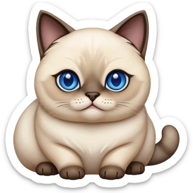 Cinematic Cute Chubby Siamese Cat Portrait Emoji, Round and plump body, soft cream-colored fur with rich dark points on the ears, face, paws, and tail, big, sparkling sapphire-blue eyes, Simplified yet irresistibly adorable features, highly detailed, glowing with a warm, cozy glow, high shine, curious yet calm, stylized with a touch of whimsy, bright and endearing, soft glowing outline, capturing the essence of a mischievous yet lazy and loveable kitty, so cuddly it feels like it could waddle right out of the screen for a snuggle! sticker