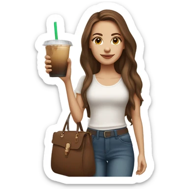 white girl with long brown hair and brown ice has a iced coffee in her hand and a beige handbag in her other hand. she wears a white top and a jeans sticker