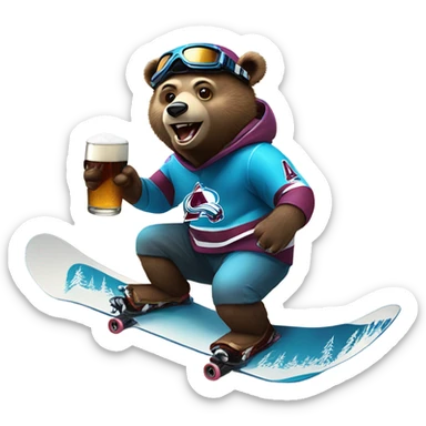snowboard bear with helmet and goggles in colorado avalanche jersey doing insane tricks while holding a beer sticker