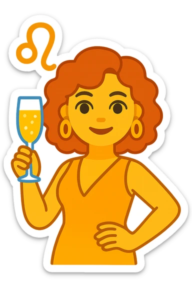 Create a simple and bold illustration of a Leo woman with a glass of champagne in the style of apple emojis. The woman should have a round face, big eyes, and minimal details. The background should be transparent. sticker