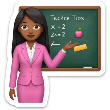 a brown skin teacher with hair with black straight long hair wearing pink not hot pink 2 piece set teaching up on a board sticker