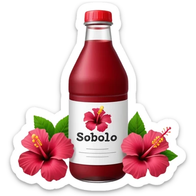 sobolo emoji (Ghanaian frink) in a plastic bottle and make the juice dark red  but a hibiscus on it and  write sobolo on it no hibiscus behind it on the label instead sticker
