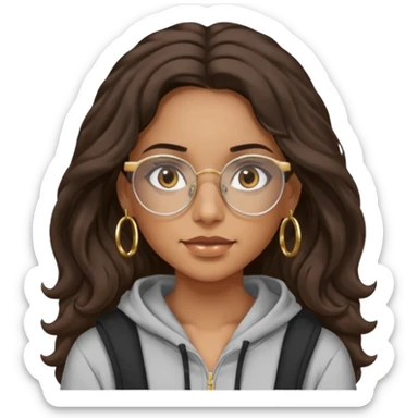 Make a girl with dark brown wavy hair and brown eyes she's tan latina and she has clear glasses and small hold hoop earings make her hair longer and her a hoodie sticker