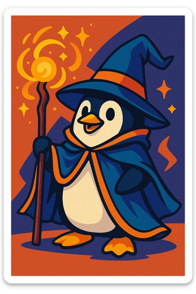 a penguin dressed as a wizard, holding a staff, with magical effects, vibrant cartoon style sticker