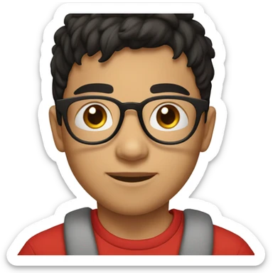 young boy, white, short black hair, brown eyes. He wears black prescription glasses and only a small silver hoop earring in his right ear. Wear a red t-shirt sticker