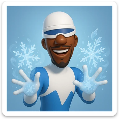 Frozone from The Incredibles, memoji style, blue and white suit, ice powers, friendly expression, cartoonish sticker