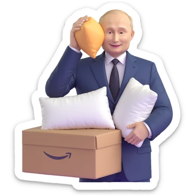 Vladimir Putin in a suit smiling and holding a memory foam pillow with an Amazon package next to him sticker