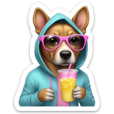 dog wearing a hoodie with pink sunglasses drinking lemonade sticker