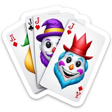 bunch of 3 poker cards, with crazy colorful jolly jokers inside, inversed face sticker