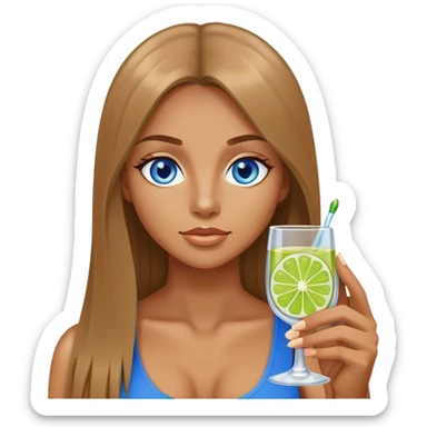tan woman, long light brown straight hair, blue eyes, holding a shot with lime sticker