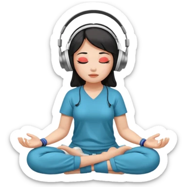 An East Asian woman🧘🏻‍♀️ is sitting cross-legged in a meditation pose, wearing Apple headphones🎧 and listening to music. The song is so beautiful that she has her eyes closed and tears streaming down her face. sticker