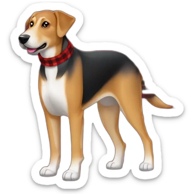adult 75% Coonhound 25% German Shepherd mix dog with visible tail wearing small pointed red buffalo plaid bandana full body walking left quickly sticker