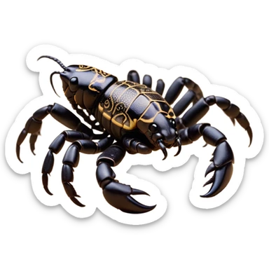 Cinematic Cute Emperor Scorpion Portrait Emoji, Head tilted playfully and inquisitively, with a compact, rugged build and a sleek, dark exoskeleton highlighted by delicate, intricate patterns and round, sparkling eyes full of curious defiance, Simplified yet irresistibly adorable features, highly detailed, glowing with a warm, friendly glow, high shine, affectionate and quirky, stylized with a touch of desert whimsy, soft glowing outline, capturing the essence of a mischievous yet endearing scorpion that feels like it could pinch its way out of the screen into your arms! sticker