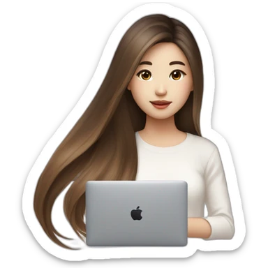 brown balayage straight long Hair korean girl with macbook sticker