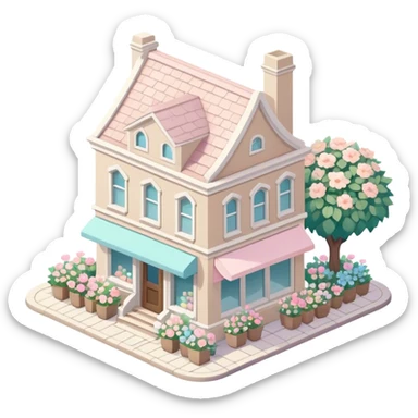 isometric exterior little beige and white bookshop with abundant pastel florals everywhere sticker