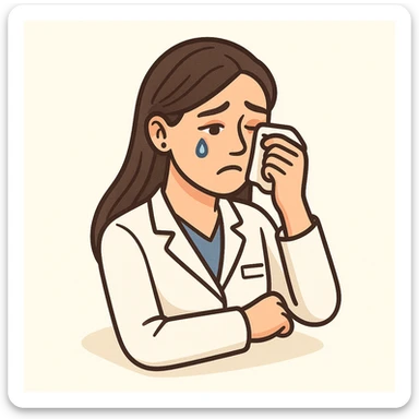 A 2D isometric style illustration of a female doctor with dark long straight hair, detailed brown eyes (not just dots), wearing a white coat, minimalist background, crying and wiping a tear, appearance as in the second previous variant. sticker