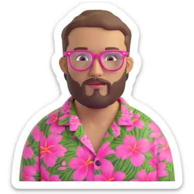 man with light skin tone, short light brown hair and beard, wearing a Hawaiian shirt and pink glasses sticker