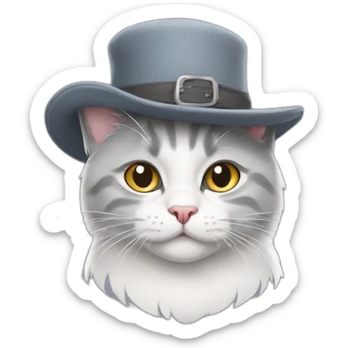 Grey and white Scottish cat wearing hat sticker