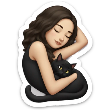 White girl dark brown hair sleeping with black kitty sticker