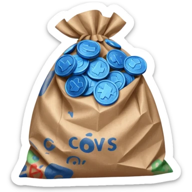 brown bag of blue coins sticker
