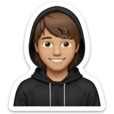 20 yr old man, brown hair, straight, big smile, white teeth, tanned skin, bangs, black hooded sweatshirt, long hair in back, middle parted bangs sticker