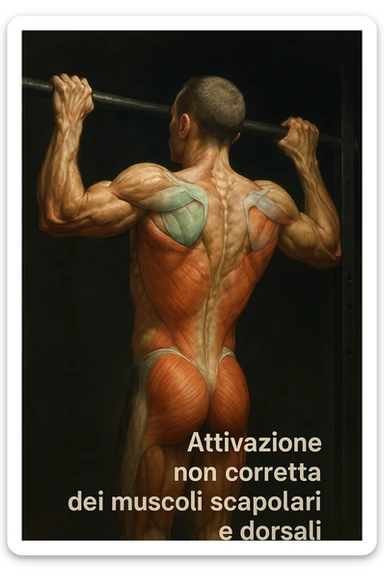 realistic and cinematic anatomical illustration of a man performing pull-up on a bar with incorrect activation of scapular and dorsal muscles, anatomical highlighting of non-activated or incorrectly activated muscles using colors or transparencies, Italian captions, dramatic clinical lighting, aspect ratio 2:3 sticker