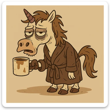 Add a rumpled bathrobe to the unicorn, keep the cartoonish style, unicorn remains disgusting and rumpled with bags under his eyes, a drooping horn, and a dirty coffee cup. sticker