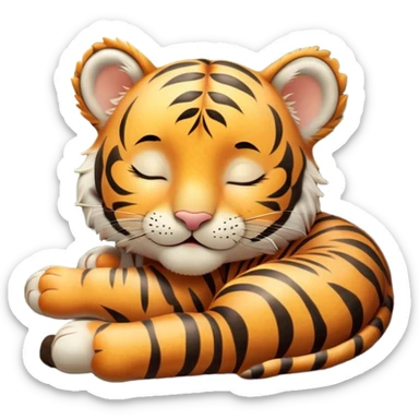 Meme-Worthy cute Sleeping Tiger Cub Portrait Emoji, Head resting peacefully with a contented smile, showcasing a luxuriously soft, striped form and eyes gently closed in serene slumber, Simplified yet comically adorable features, highly detailed, glowing with a soft, drowsy wild light, high shine, relaxed and utterly lovable, stylized with an air of playful laziness, bright and heartwarming, soft glowing outline, capturing the essence of a sleeping tiger cub that feels destined to become the next viral icon of adorable rest! sticker