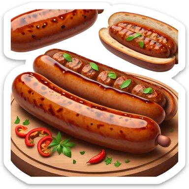 Cinematic spicy chipotle sausage, glistening with smoky, tangy sauce, charred and grilled to perfection, sliced open to reveal juicy filling, served with fresh herbs, rich and flavorful, detailed and appetizing. sticker