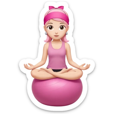 pink pilates girl, big eyes, pink headband, sitting on a pilates ball, round face sticker