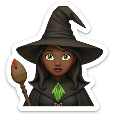 elphaba the wicked witch from wicked movie (cynthia erivo) dark long hair, thick lips, witch hat, broom sticker