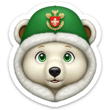 Sweet, cartoonish bear face with large green eyes, wearing white fur ushanka hat with accurate Russian Federation coat of arms centered, iOS emoji style sticker