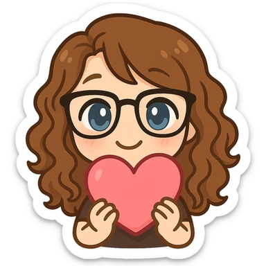 Create a chibi sticker emoji of the person in the reference image with glasses and curly hair, holding a heart. The style should be cute and expressive with a transparent background. sticker