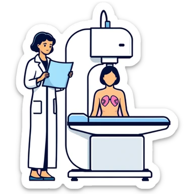 Mammogram breast cancer screening machine with female patient, medical test sticker